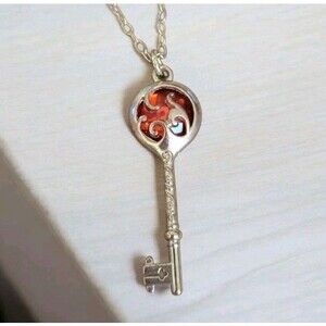 Antiqued Gold Tone 1.5" Skeleton Key Red Ruby 17" Cable Chain Necklace 2mm 4.5g